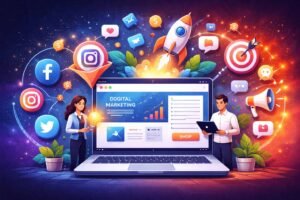 Ilustración digital que muestra un sitio web profesional en una laptop conectado con redes sociales, gráficos de crecimiento y elementos de marketing digital, representando cómo el diseño web y las redes sociales trabajan juntos para aumentar ventas y fortalecer la marca.