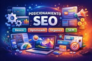 Ilustración digital sobre posicionamiento SEO que muestra los conceptos de SEO básico, SEO optimizado, SEO orgánico y SEM, representados con gráficos, engranajes, resultados de búsqueda y elementos visuales de marketing digital.