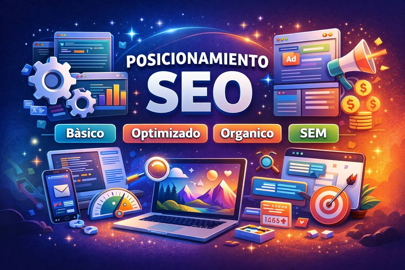 Ilustración digital sobre posicionamiento SEO que muestra los conceptos de SEO básico, SEO optimizado, SEO orgánico y SEM, representados con gráficos, engranajes, resultados de búsqueda y elementos visuales de marketing digital.