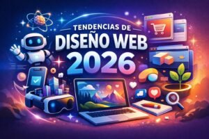 Ilustración digital sobre las tendencias de diseño web para 2026, con elementos de inteligencia artificial, experiencia de usuario, comercio electrónico, diseño visual moderno y tecnología aplicada a sitios web.
