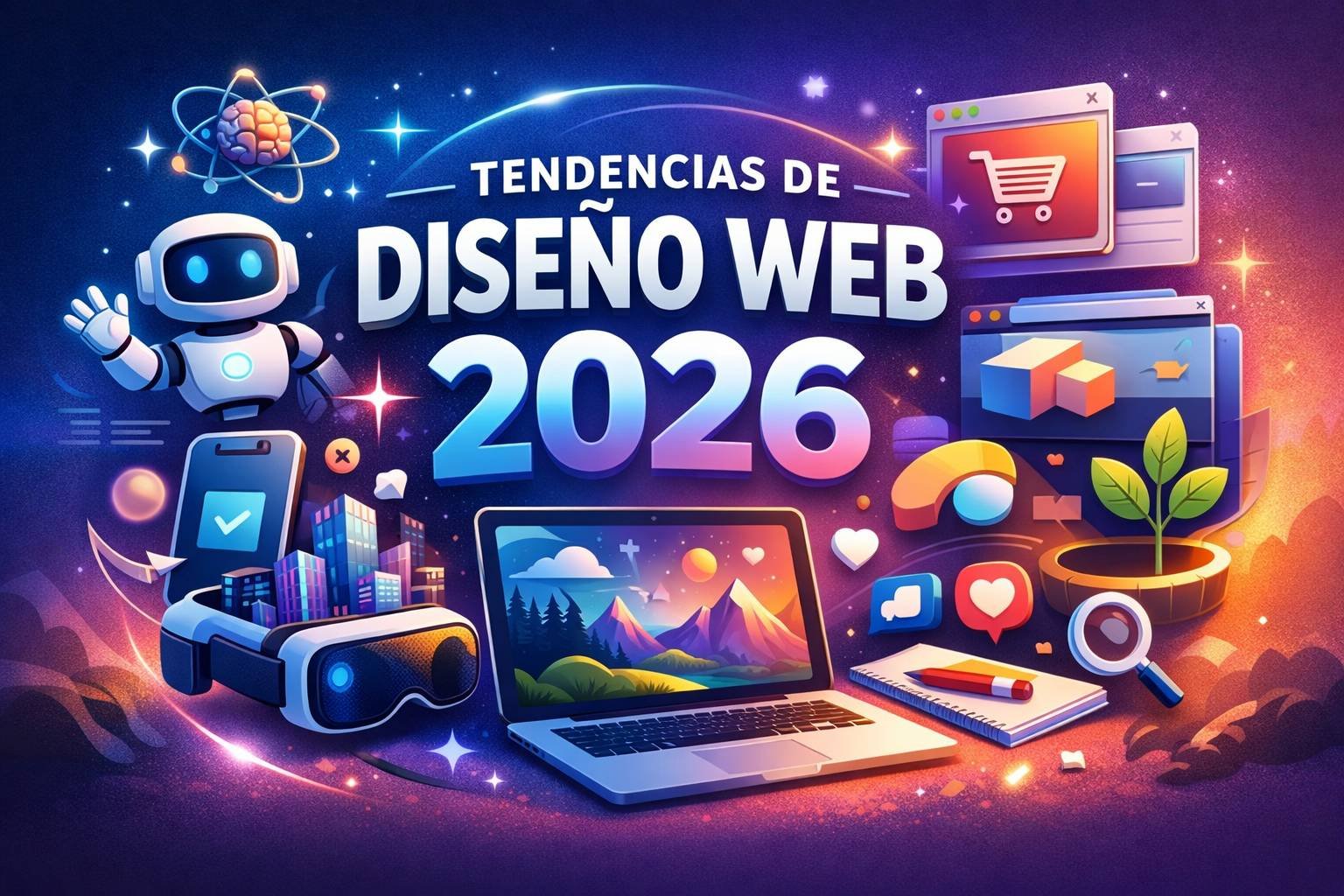 Ilustración digital sobre las tendencias de diseño web para 2026, con elementos de inteligencia artificial, experiencia de usuario, comercio electrónico, diseño visual moderno y tecnología aplicada a sitios web.